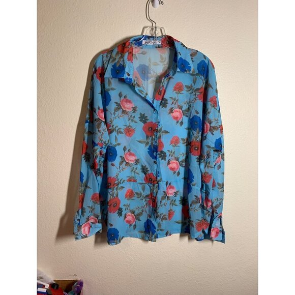 MISSLOOK Tops - Miss Look Blouse Sheer Floral Top Blue Y2K Business Casual Granny 90s Size Large